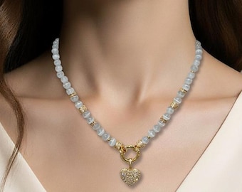 Elegant moonstone pearl necklace for women with stainless steel elements and cubic zirconia