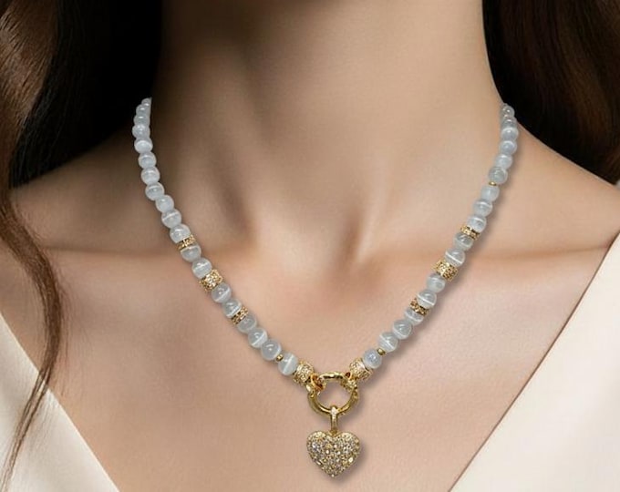Elegant moonstone pearl necklace for women with stainless steel elements and cubic zirconia