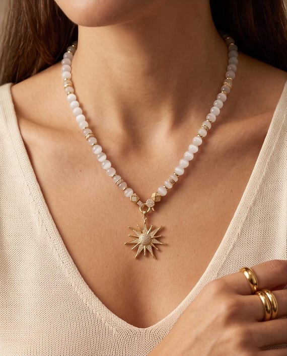 Elegant moonstone pearl necklace for women with stainless steel elements and cubic zirconia pendant