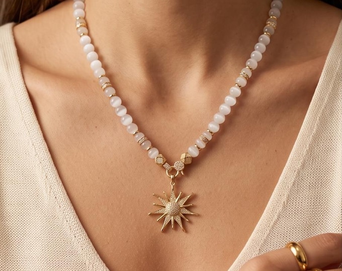 Elegant moonstone pearl necklace for women with stainless steel elements and cubic zirconia pendant