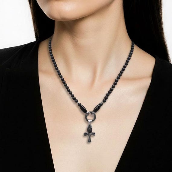 Black onyx beaded necklace and stainless steel pendant Egyptian cross