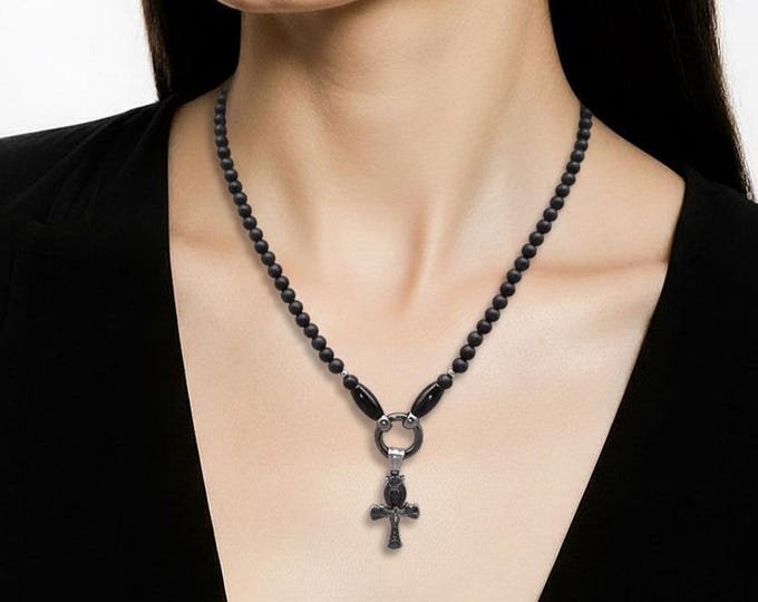 Black onyx beaded necklace and stainless steel pendant Egyptian cross