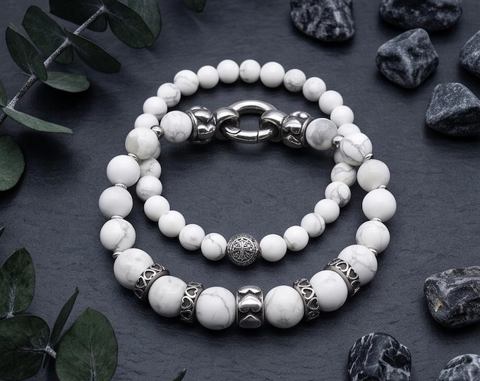 Exclusive howlite bracelet set made of 6 mm & 8 mm beads with stainless steel elements