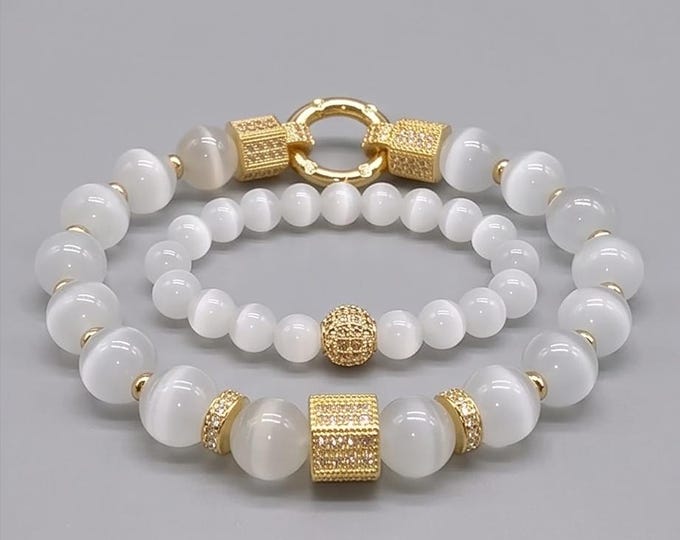 Bracelet Set – White Onyx with Stainless Steel & Zirconia