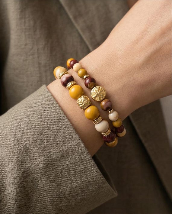 Bracelet set – Mookaite natural stone with stainless steel elements and stone selection