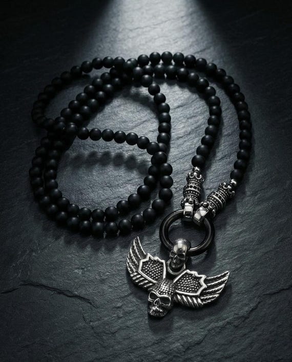 Unisex beaded necklace – Black onyx, stainless steel and skull pendant or pendant of your choice