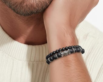 Beaded bracelet set – onyx & stainless steel (8 mm and 6 mm)