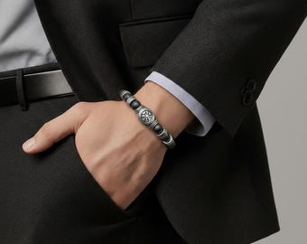 Bracelet with stainless steel elements, available in onyx, lava, howlite or tiger's eye, unisex