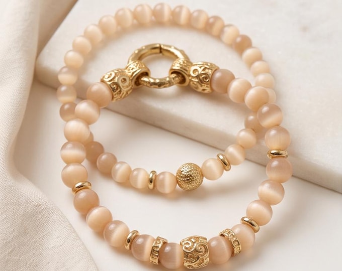 Elegant moonstone and pearl bracelet set for women with stainless steel elements