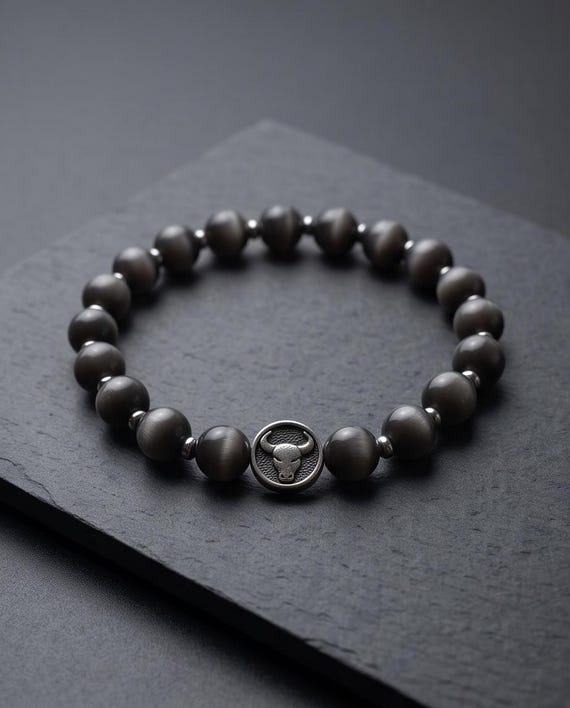 Zodiac sign pearl bracelet – unisex, moonstone grey & stainless steel, 8 mm stretch band