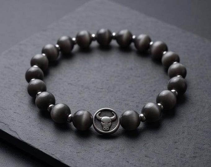 Zodiac sign pearl bracelet – unisex, moonstone grey & stainless steel, 8 mm stretch band