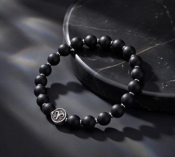 Zodiac sign beaded bracelet – unisex, matte onyx & stainless steel, 8 mm stretch band