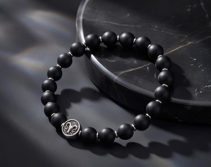 Zodiac sign beaded bracelet – unisex, matte onyx & stainless steel, 8 mm stretch band