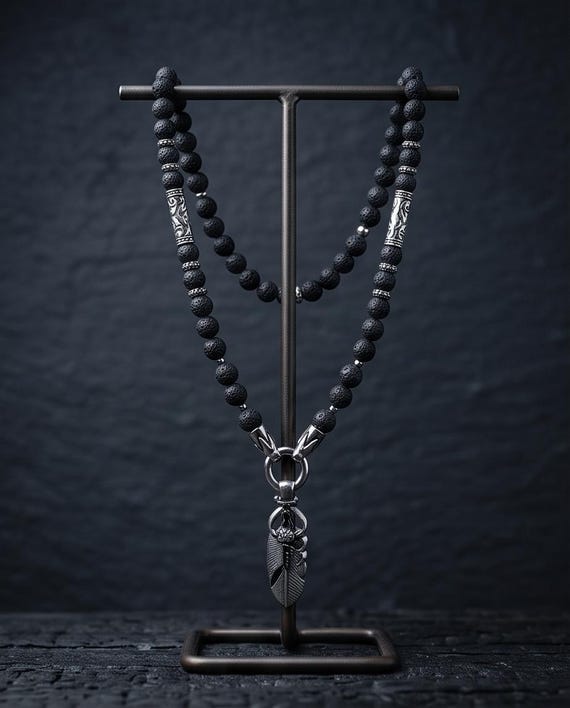 Unisex pearl necklace made of lava stone and skull pendant made of stainless steel
