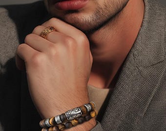 beaded bracelet set made of tiger's eye with stainless steel elements