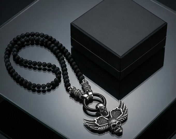 Unisex beaded necklace – Black onyx, stainless steel and skull pendant or pendant of your choice