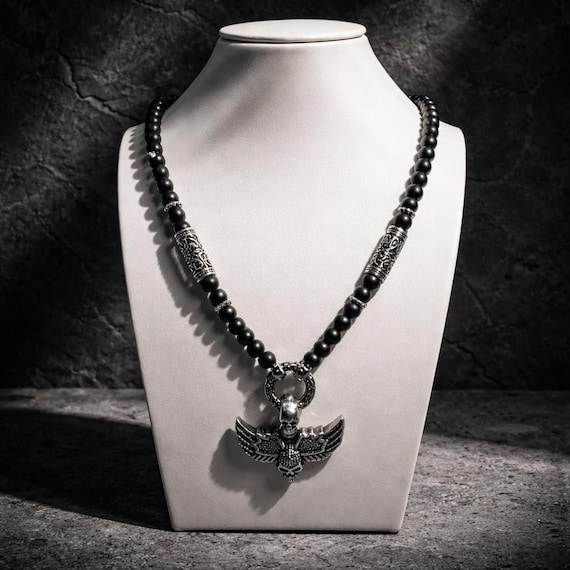 Black onyx bead necklace with stainless steel elements and skull pendant of your choice