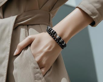 Pearl bracelet set for women made of onyx stone and stainless steel elements