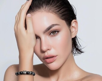 Zodiac sign pearl bracelet – women's, matte onyx & stainless steel, 8 mm stretch band