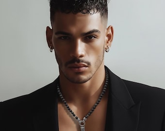 Unisex pearl necklace made of lava stone and wolf tooth stainless steel pendant