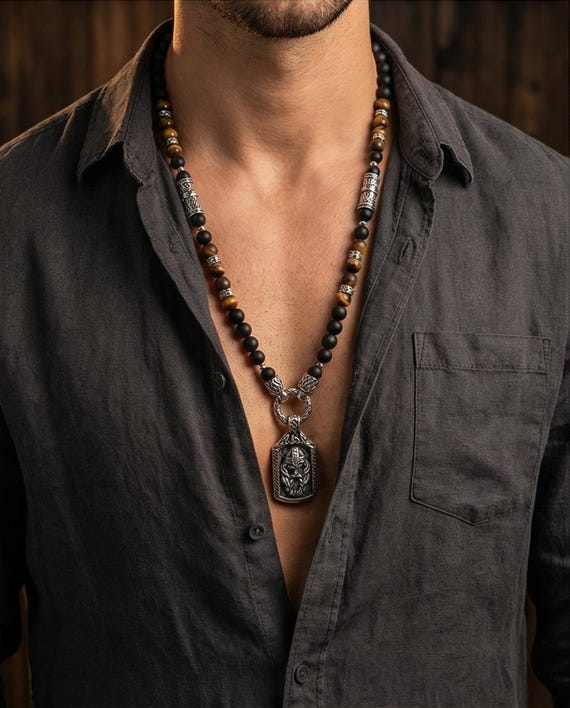 Viking necklace made of onyx and tiger's eye (8mm beads) with choice of pendants