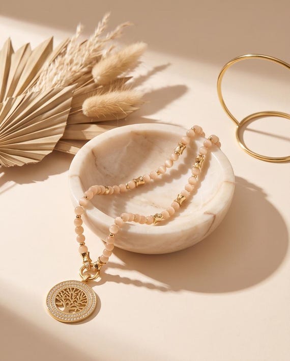 Elegant moonstone pearl necklace for women with stainless steel elements and tree of life pendant with rhinestones