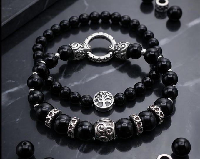 Elegant onyx bracelet set in matte or glossy finish with stainless steel elements
