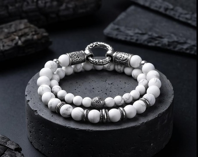 Bracelet set made of white howlite and stainless steel, stone selection possible