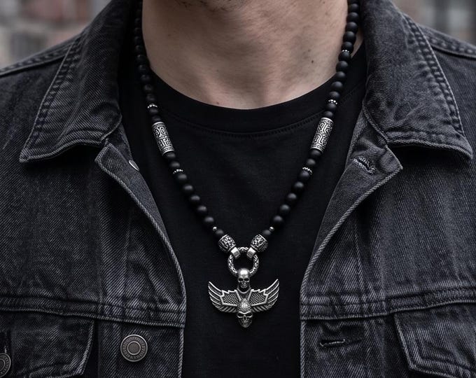 Masculine onyx necklace with a stainless steel skull pendant of your choice