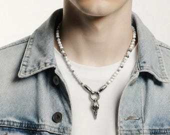 Unisex pearl necklace made of black onyx stone or white howlite and stainless steel pendant