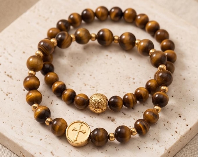 Bracelet set with cross | Tiger's eye or onyx | Gold-tone stainless steel elements