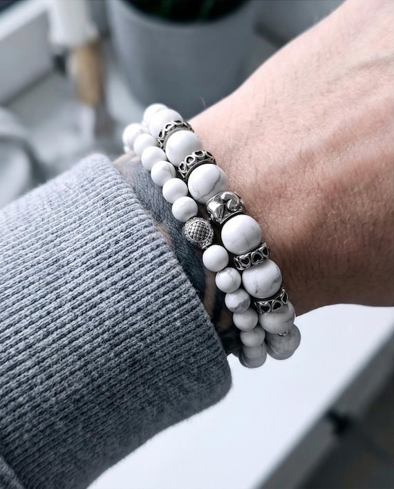 Pearl bracelet set for women – onyx or howlite and stainless steel elements