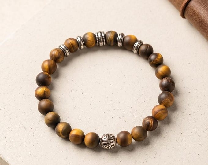 Natural stone bracelet with stainless steel elements | Onyx, lava stone, howlite or tiger's eye | 8 mm beads | Handmade