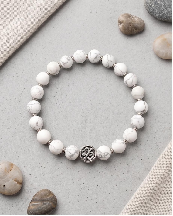 Zodiac sign beaded bracelet – unisex, white howlite & stainless steel, 8 mm stretch band