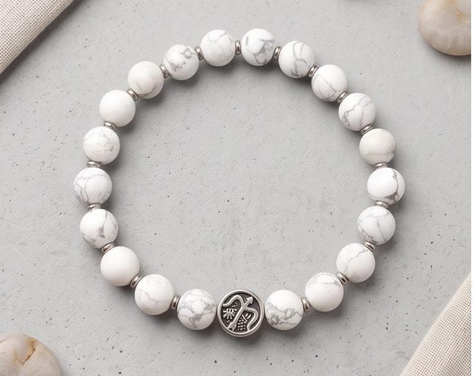 Zodiac sign beaded bracelet – unisex, white howlite & stainless steel, 8 mm stretch band
