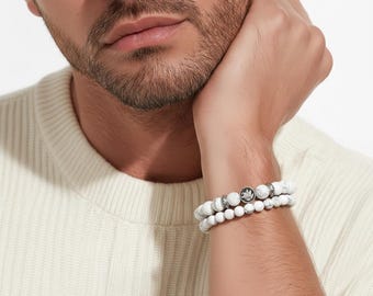 Zodiac Sign Beaded Bracelet Set – Black Onyx or White Howlite and Stainless Steel Elements