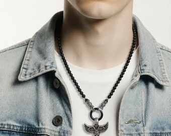 Unisex beaded necklace – Black onyx, stainless steel and skull pendant or pendant of your choice