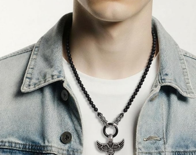 Unisex beaded necklace – Black onyx, stainless steel and skull pendant or pendant of your choice
