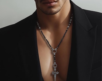 Unisex pearl necklace made of onyx stone and stainless steel pendant with various options