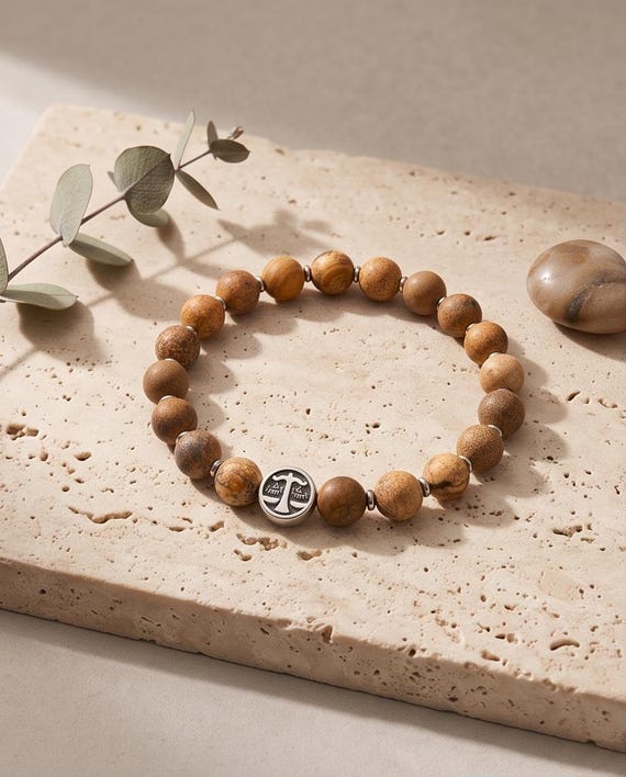 Zodiac sign beaded bracelet – unisex, matte picture jasper & stainless steel, 8 mm stretch band