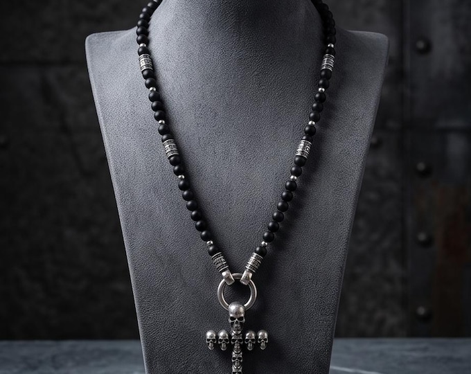 Onyx necklace with stainless steel cross pendant in skull design – individually customizable