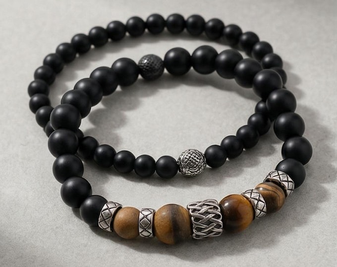 Bracelet set – onyx & tiger's eye and stainless steel elements