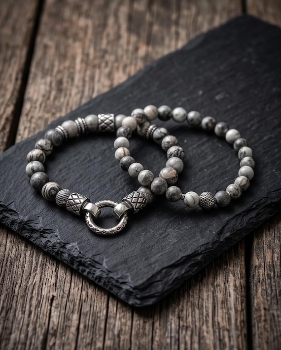 Beaded bracelet set 8 mm & 6 mm with stainless steel elements