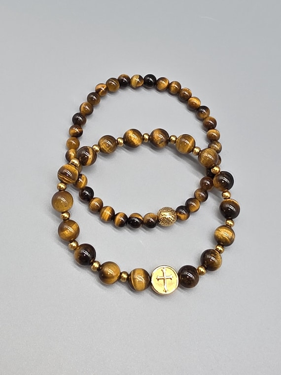 “Tiger’s Eye & Onyx” Bracelet Set with Cross – Natural Stone Meets Luxury