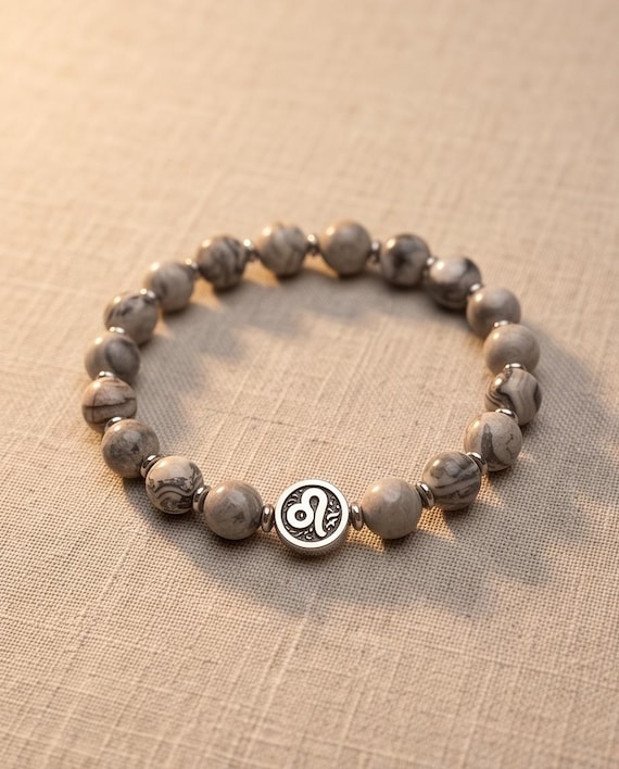 Zodiac sign pearl bracelet – unisex, jasper grey & stainless steel, stretch band 8 mm