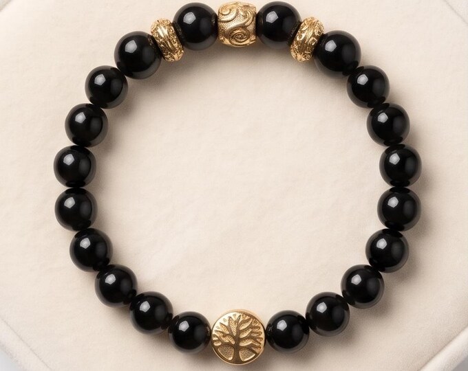 Onyx Bracelet 10 mm Glossy | Stainless Steel Elements | Black Beaded Bracelet | Handmade Jewelry