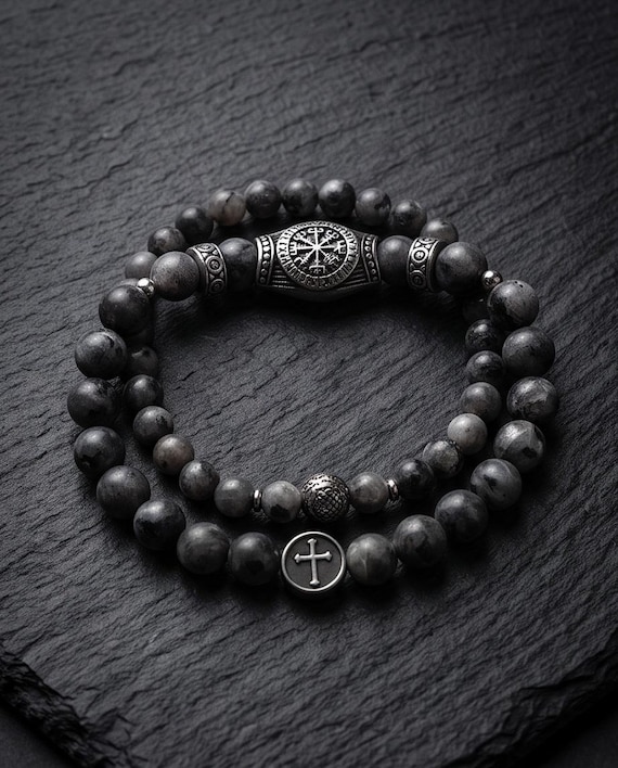 Bracelet Set – Spectrolite/Lava Stone/Onyx & Stainless Steel (10 mm, 8 mm and 6 mm)