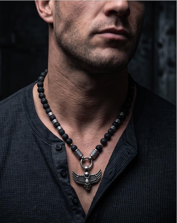 Masculine beaded necklace for men – 10 mm lava stone & stainless steel in biker style