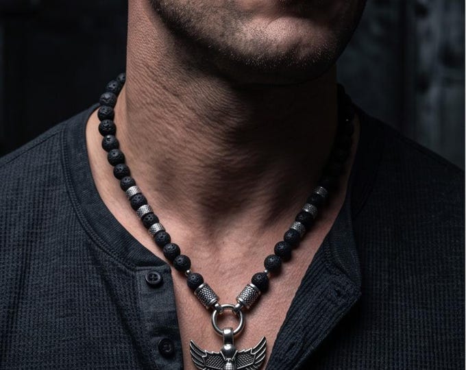 Masculine beaded necklace for men – 10 mm lava stone & stainless steel in biker style