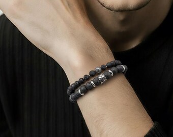 Bracelet set – Lava stone & stainless steel (6 mm and 8 mm)